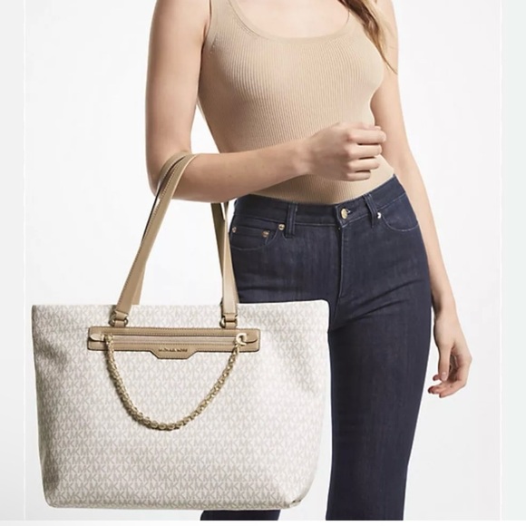 Michael Kos Slater Large Tote Shoulder Bag Signature Vanilla - Picture 2 of 4